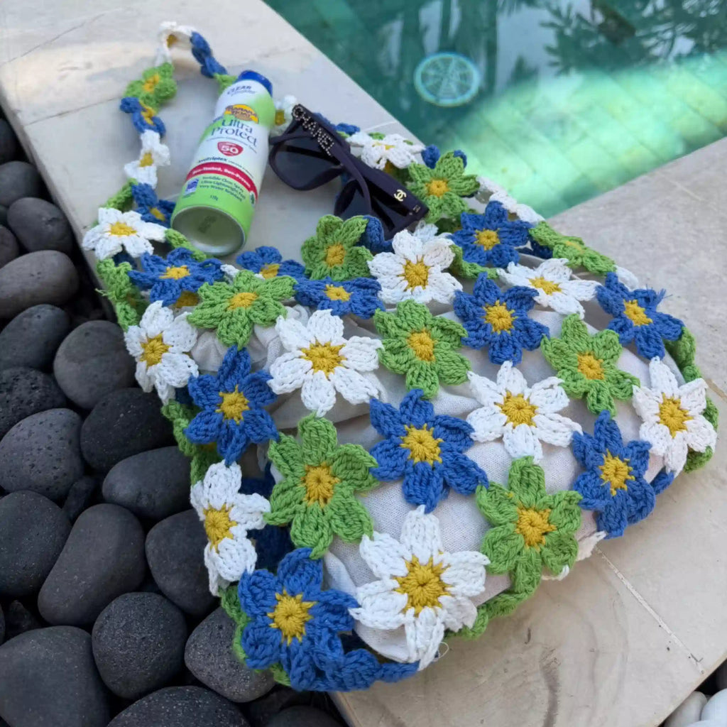 Boho Hand Crocheted Daisy Mesh Beach Tote Bag | Summer Floral Woven Shoulder Bag