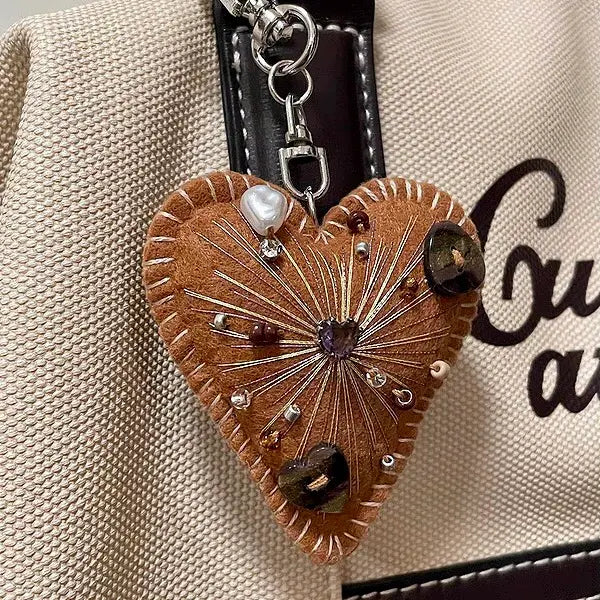 Handmade Brown Felt Heart Keychain | Boho Beaded Bag Charm