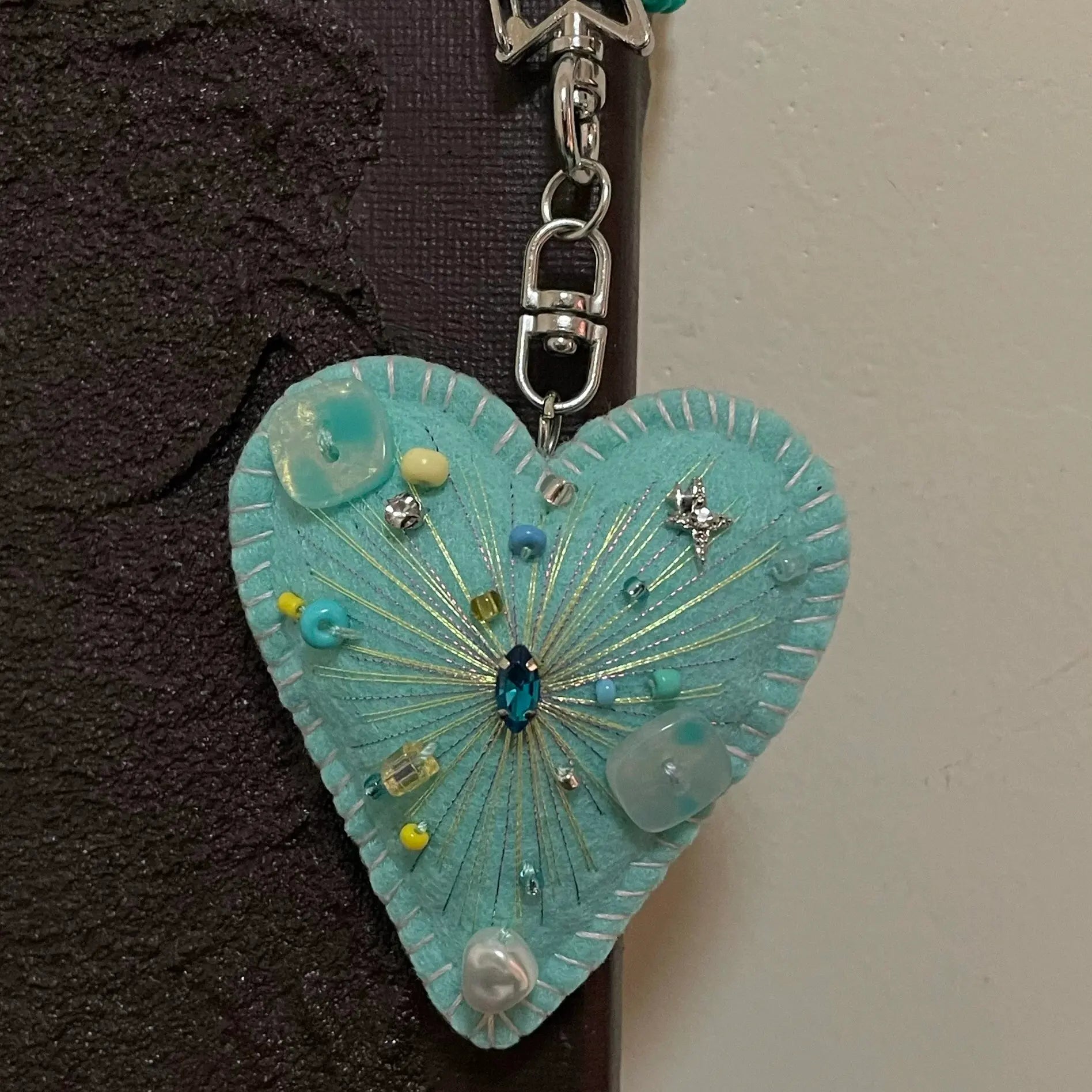 Handmade Turquoise Felt Heart Keychain | Whimsical Beaded Bag Charm