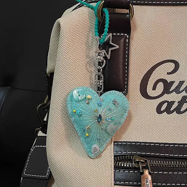 Handmade Turquoise Felt Heart Keychain | Whimsical Beaded Bag Charm