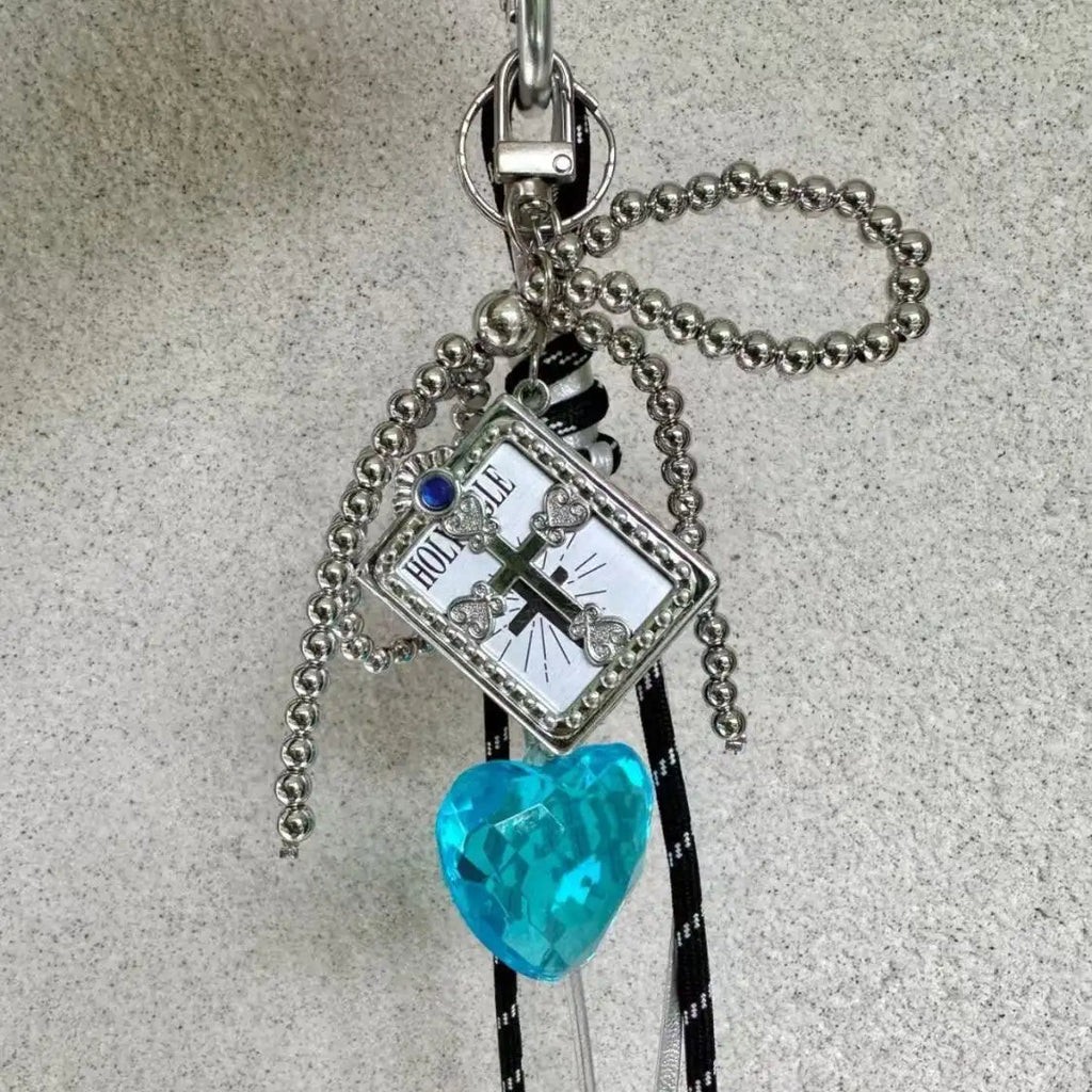 Handmade Gothic Bow Bag Charm with Blue/Red Heart Pendant