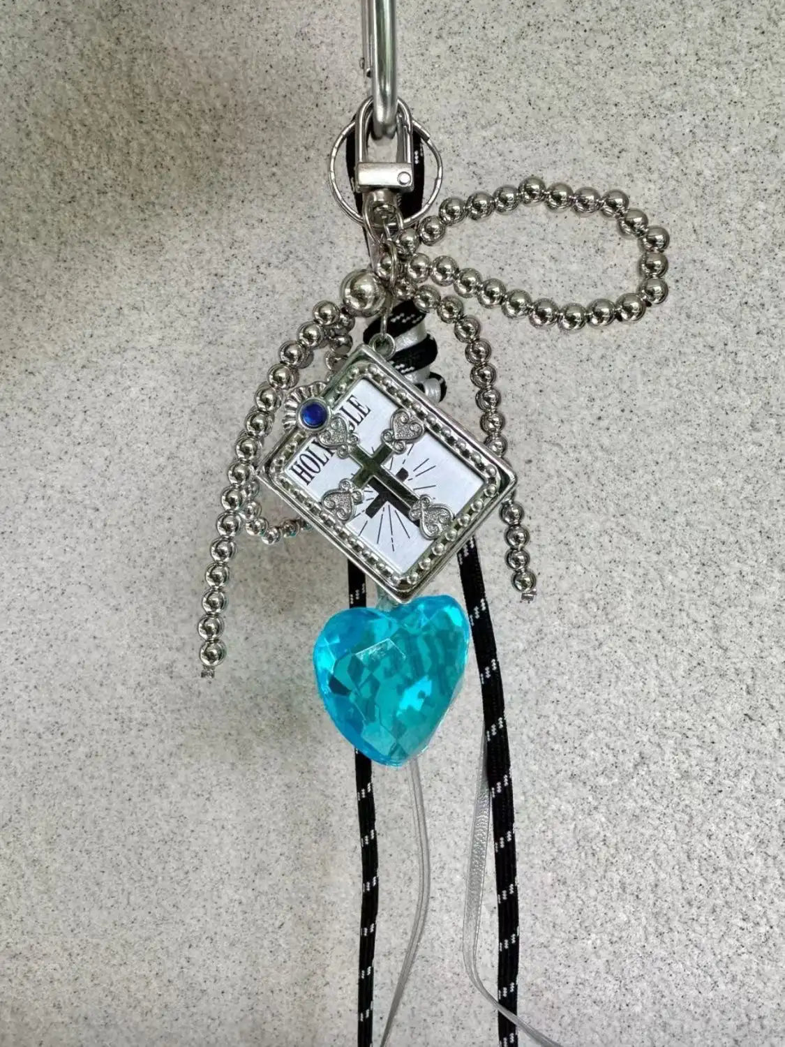 Handmade Gothic Bow Bag Charm with Blue/Red Heart Pendant