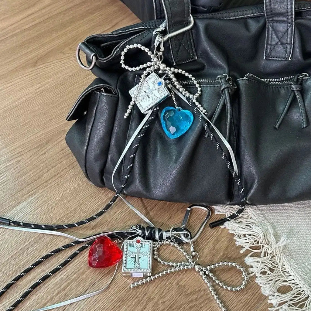 Handmade Gothic Bow Bag Charm with Blue/Red Heart Pendant