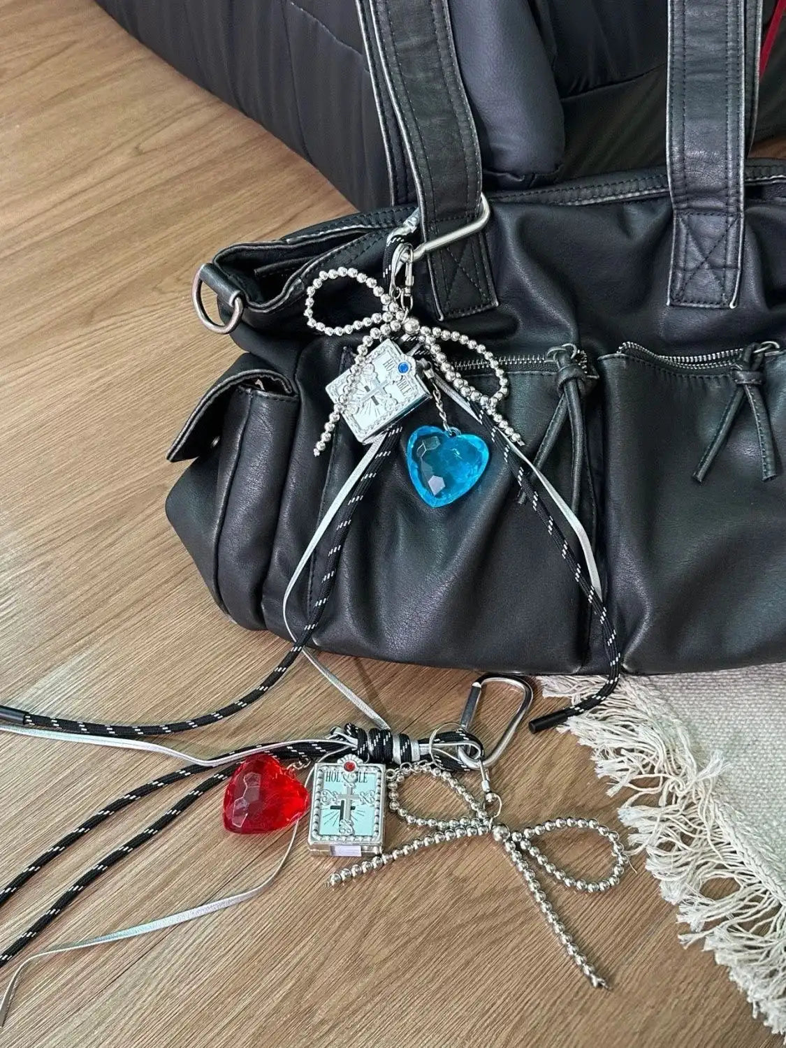 Handmade Gothic Bow Bag Charm with Blue/Red Heart Pendant