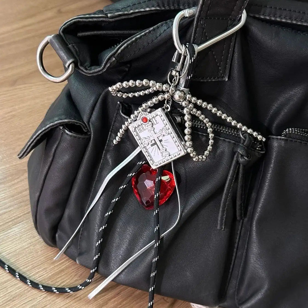 Handmade Gothic Bow Bag Charm with Blue/Red Heart Pendant