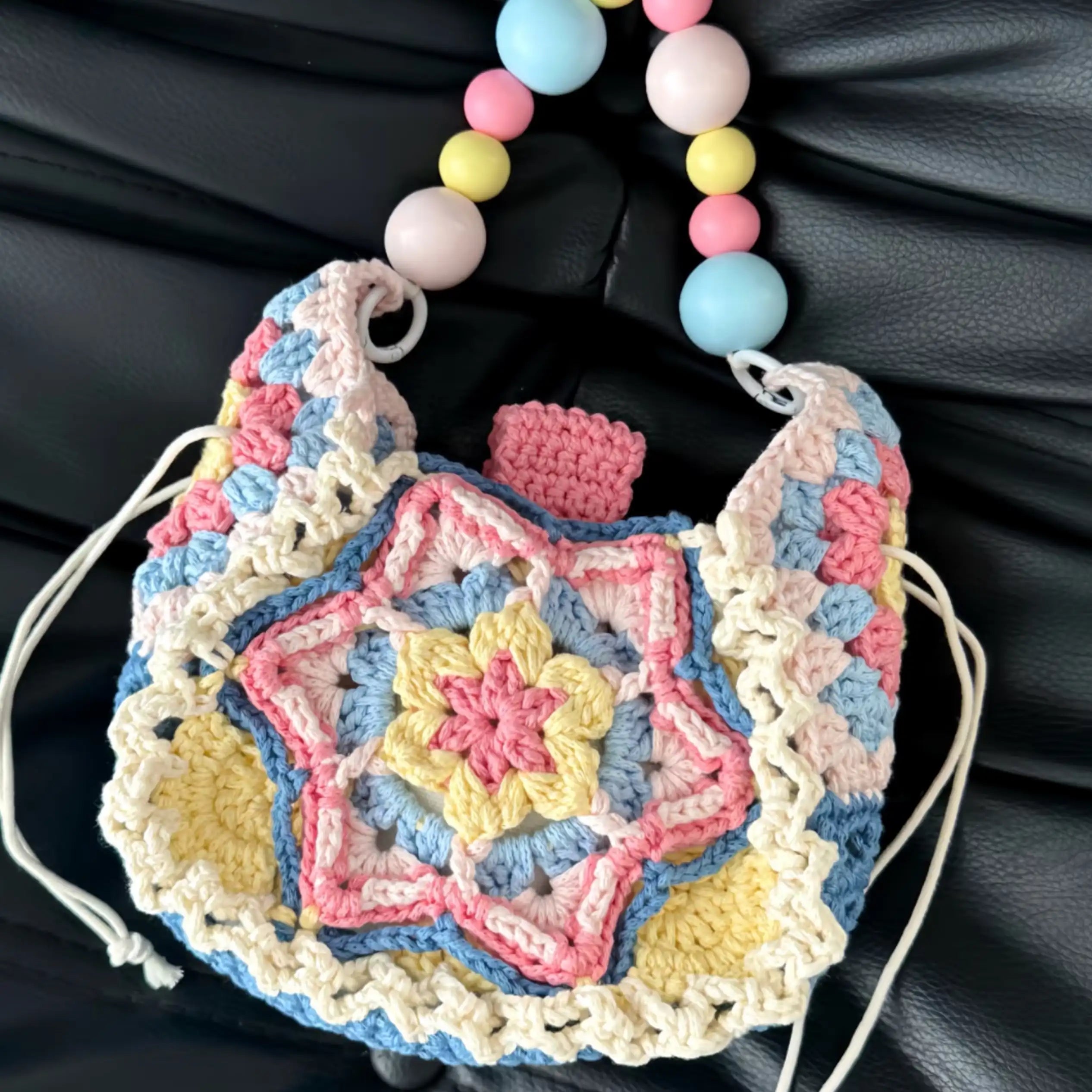Boho Hand‑Crocheted Hexagram   | Pastel Beaded Crossbody Pouch