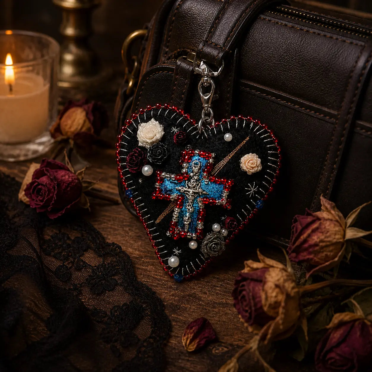 Handmade Dark Night Rose Heart Charm | Unique Felt Pendant for Bag & Gift