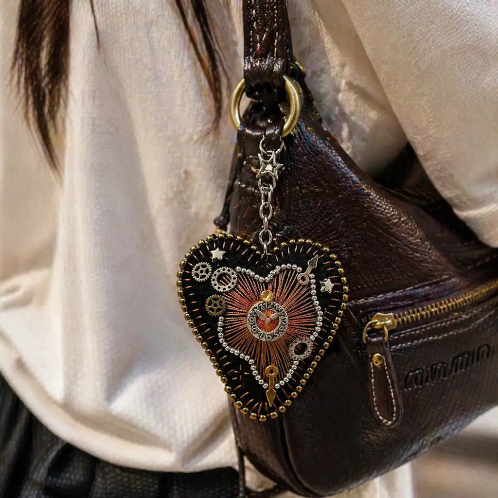 Handmade Beaded Heart Bag Charm | Vintage Time-Inspired Embroidery Keychain, Unique Gift Accessory hann